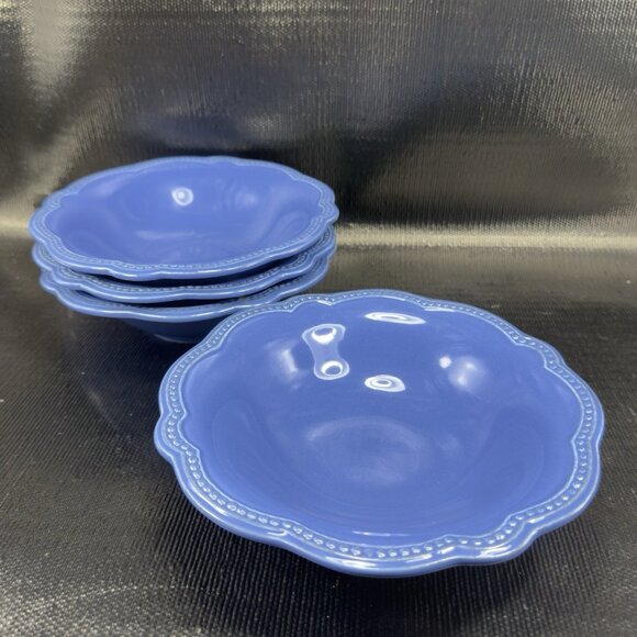 Pierre Deux Blue Ceramic Deep Dish Bowls Set 4 Beaded Edges Bowls Portugal VTG - Picture 10 of 16